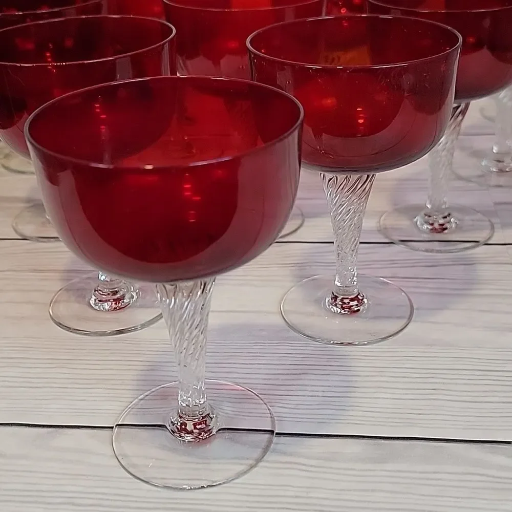 Colony glass Saturn pattern red clear twist stem Set of 12 sherbert glasses